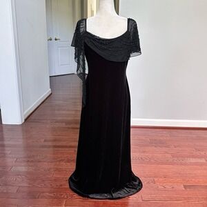 SL Fashions Black Velour Beaded Draped Sheer Panel Feminine Ethereal Gown Dress